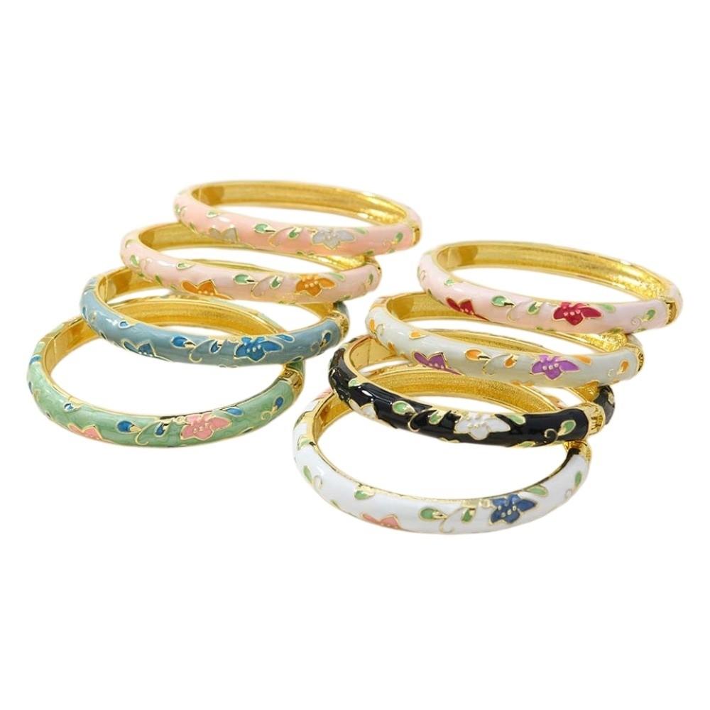 Enamel Floral Chinese Flower Bangle Peony with Leaf Women's Hand Bracelet Girls