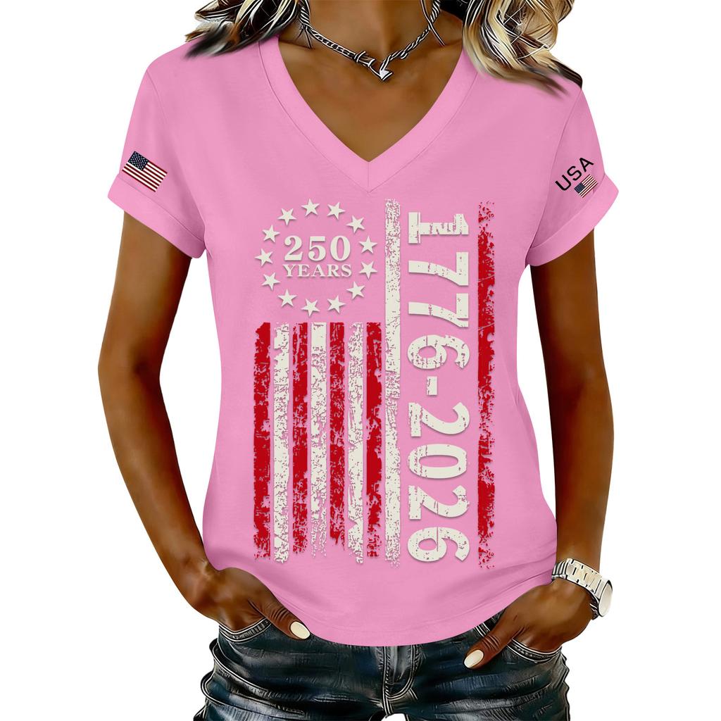 Women's Fashionable V-Neck Casual Retro Print Short Sleeved T-shirt Top