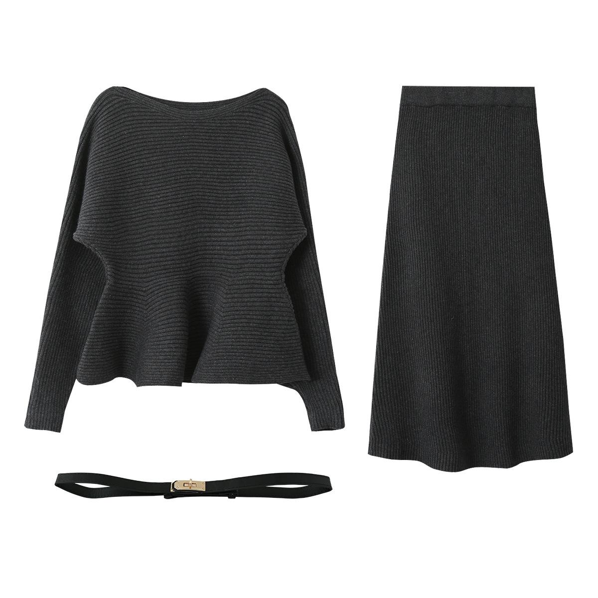 Oufan Elegant Batwing Sleeve Knit Top High-Waist Skirt Two-Piece Set for Women 11132 One Size