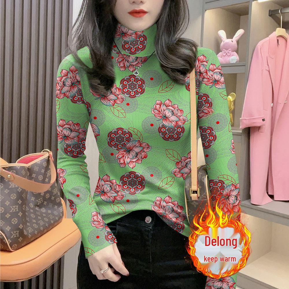 

Korean Style High Neck Velvet Floral Thermal Top - Long Sleeve, Ribbed, Autumn/Winter 2XL [120-135 lbs]