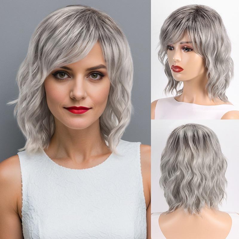

Silver Wavy Synthetic Wig, Medium Length Wig with Bangs for Older Women Daily Wear