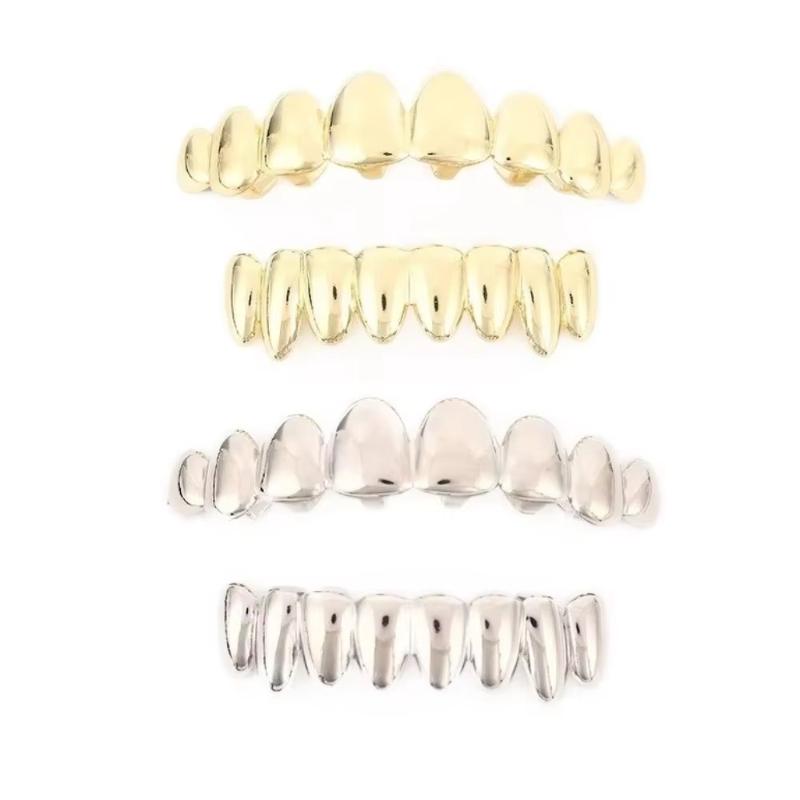 1/2 Pcs Glossy Finish Eco Friendly Copper Top Bottom Teeth Grillz Set Anti Slip Silver Gold Teeth Jewelry Cosplay