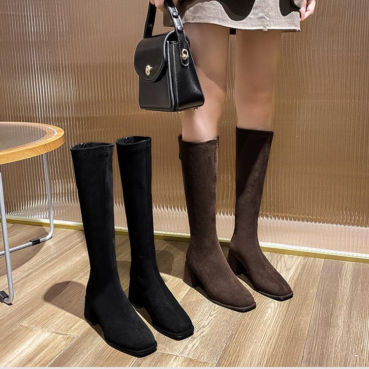 Aber Kniestiefel Damen 2025 Frühling und Herbst neue vielseitige kleine hochhackige elastische Stiefel Wildleder dickabsatzige Stiefel