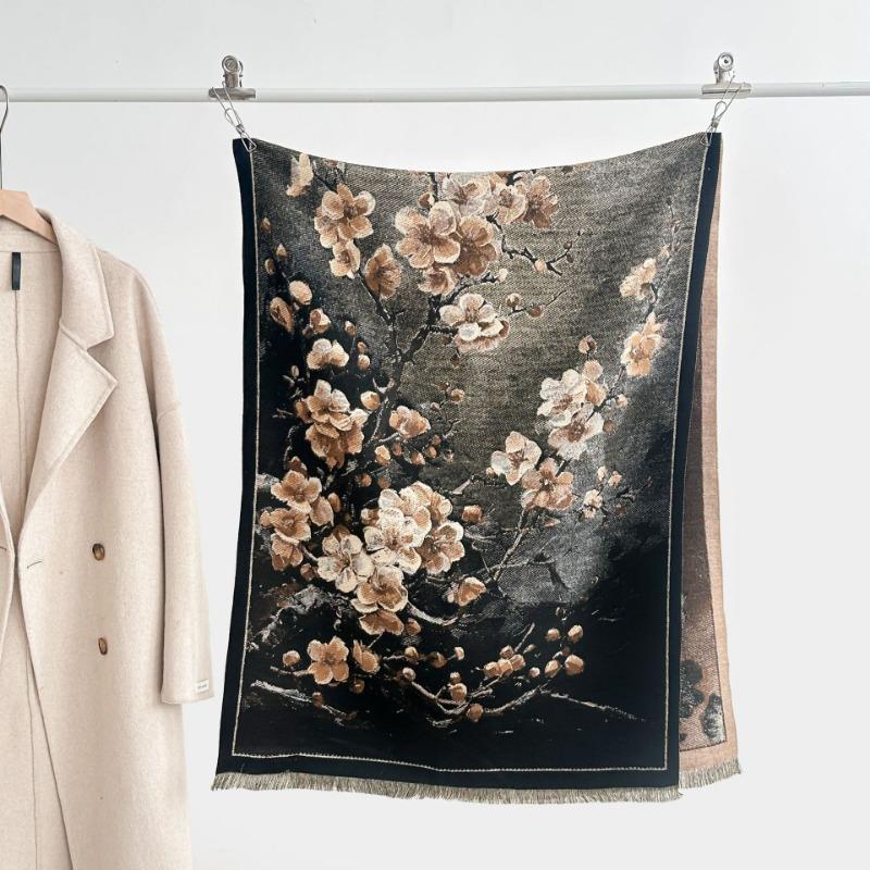 Scarf Women's winter plum blossom scarf Warm and thickened retro shawl with new fashionable high-end scarf