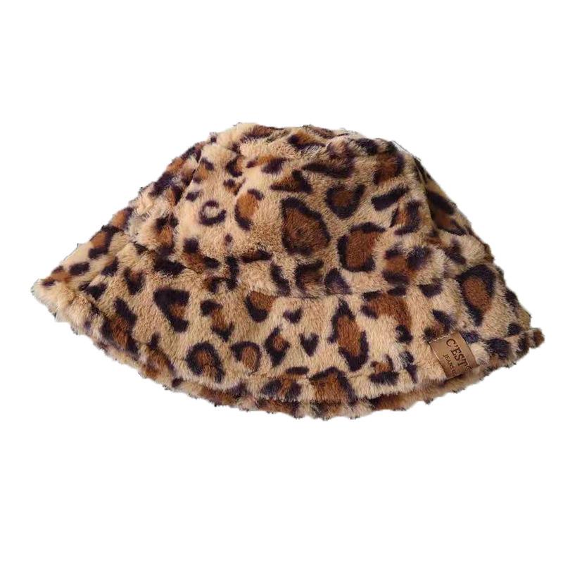 Hat female autumn and winter sweet and cute imitation fur barrel leopard print plush fisherman warm thickened basin hat tide