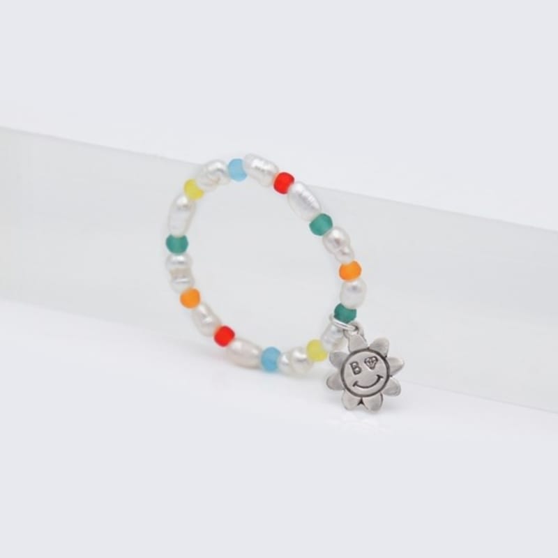 BONBEAU Mini Smile Water Pearl Beads Ring Mini Silver Flower Smile Banding Freshwater Pearl Bead Ring