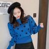 Autumn Polka Dot Puff Sleeve Knit Sweater - Slim, Versatile, Round Neck Style