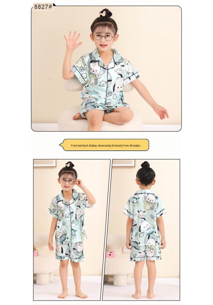 Ice Silk Summer Pajamas Set for Kids - Short Sleeve & Long Pants