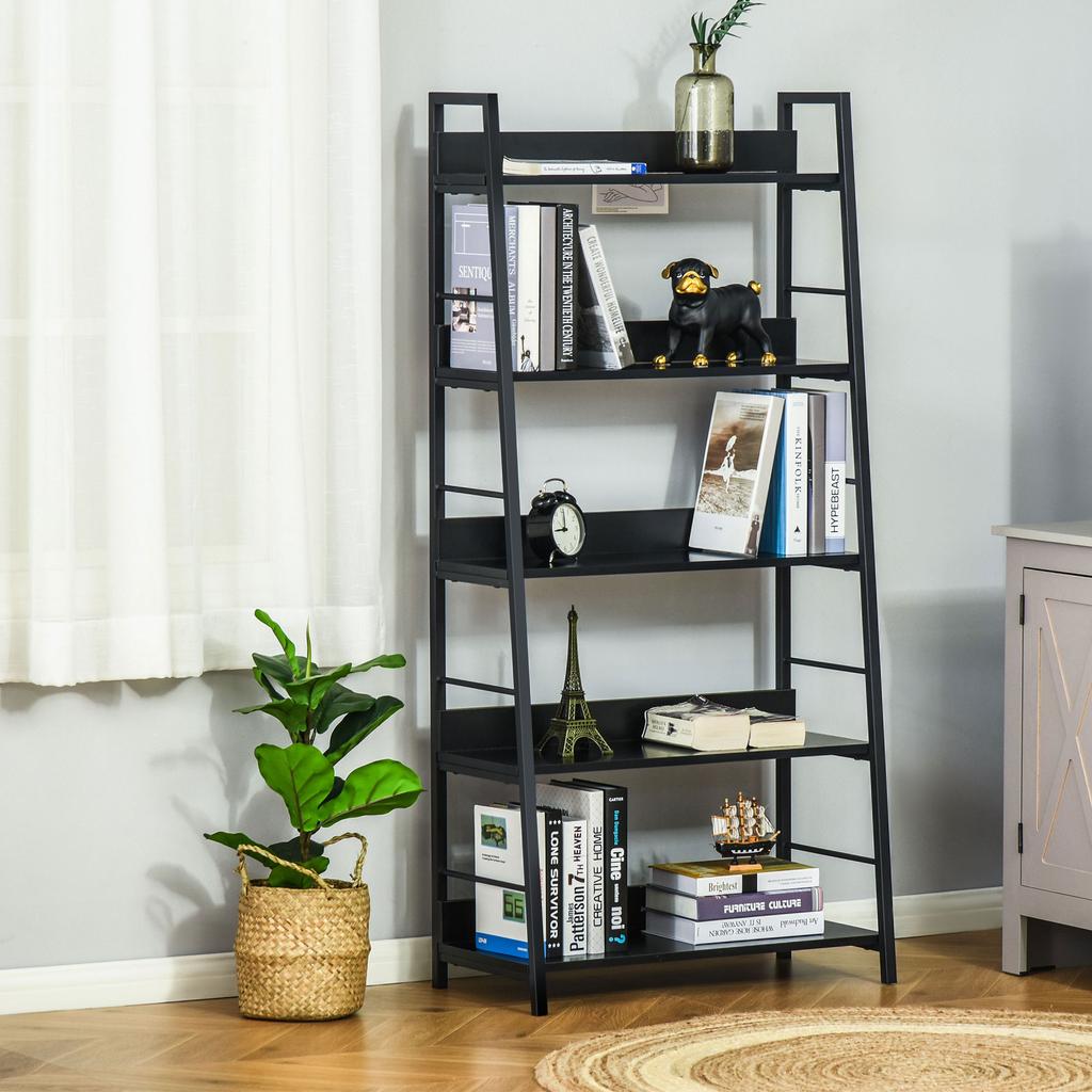 Bookshelf Storage Unit, Slanted 5-Tier, Industrial Style, 70 x 35 x 150 cm, Black