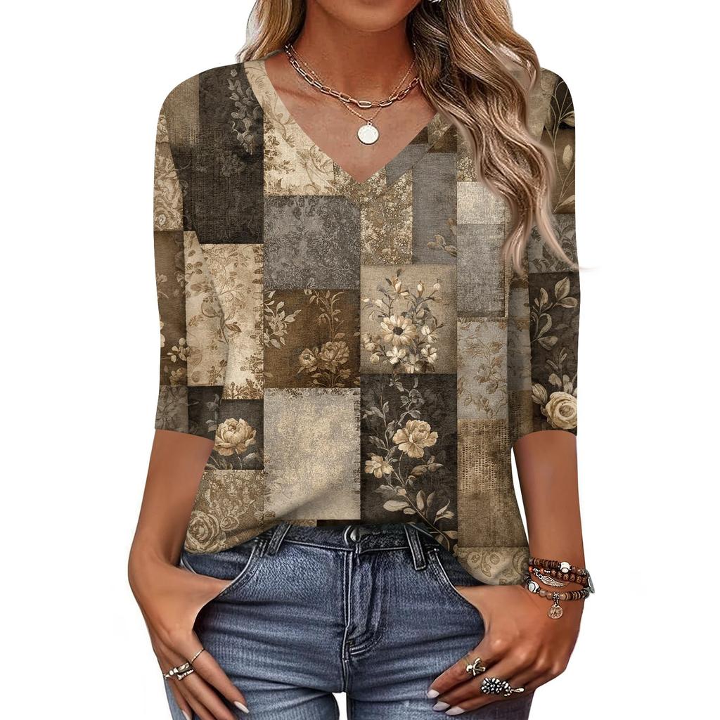 Tricou de damă cu imprimeu, mânecă 3/4, pentru zi de zi, weekend, modă, de bază, cu gât în V, top normal