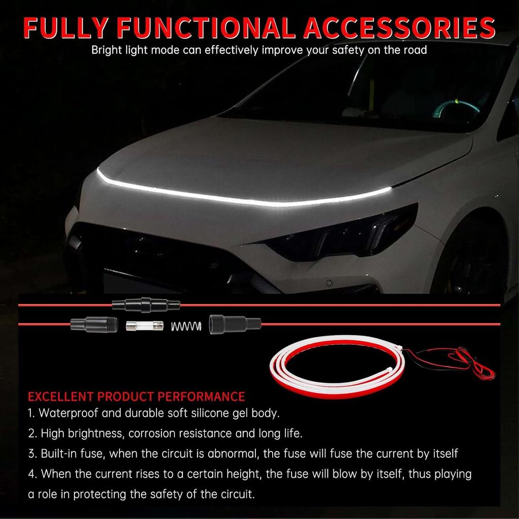 71 Inch Car LED Hood Light Strip Universal 12V Flexible Waterproof Daytime Running Lights Car Dynamic Scan Start-Up Under Hood Light Strip Compatible