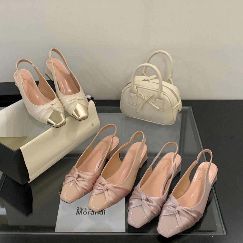 228-2~ Coarse heel French Xiaoxiangfeng bag head sandals women's shoes 2025 new temperament square head empty shoes