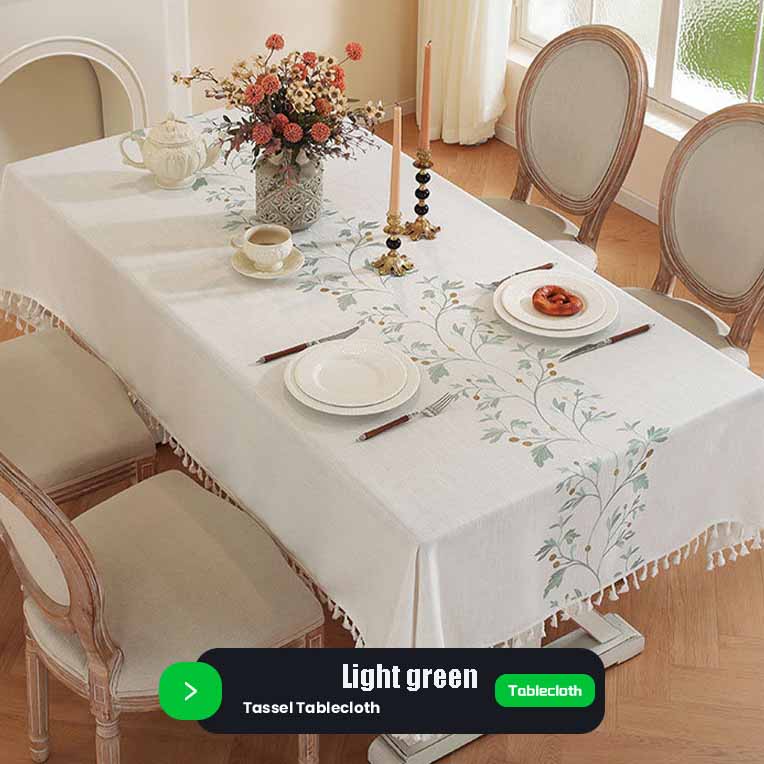 Nappe Brodée en Coton et Lin avec Pompons - Housse de Table Carrée Rectangulaire Ronde pour Table à Manger Table Basse Décoration de Maison