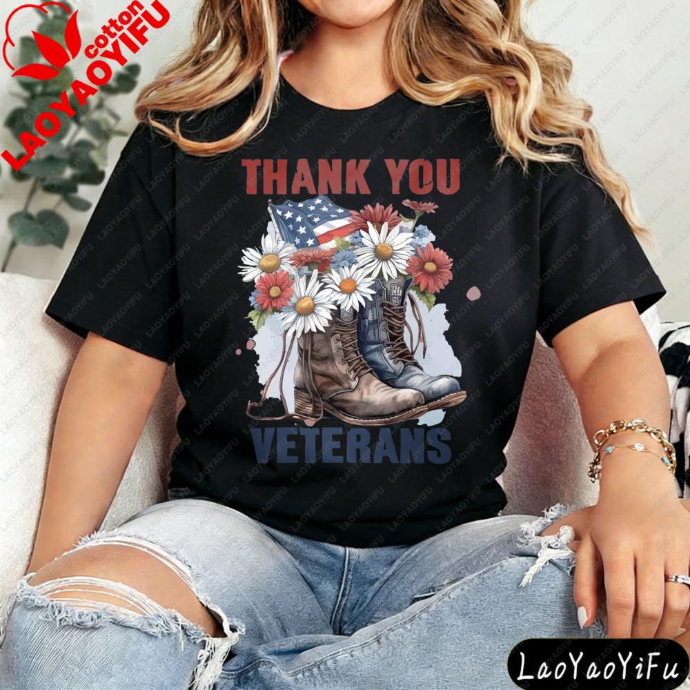 

Thank You Veterans Shirt Women Patriotic Tshirt Gift for Military Wife Army Mom Clothes Oversized Oneck Pattern Tops S