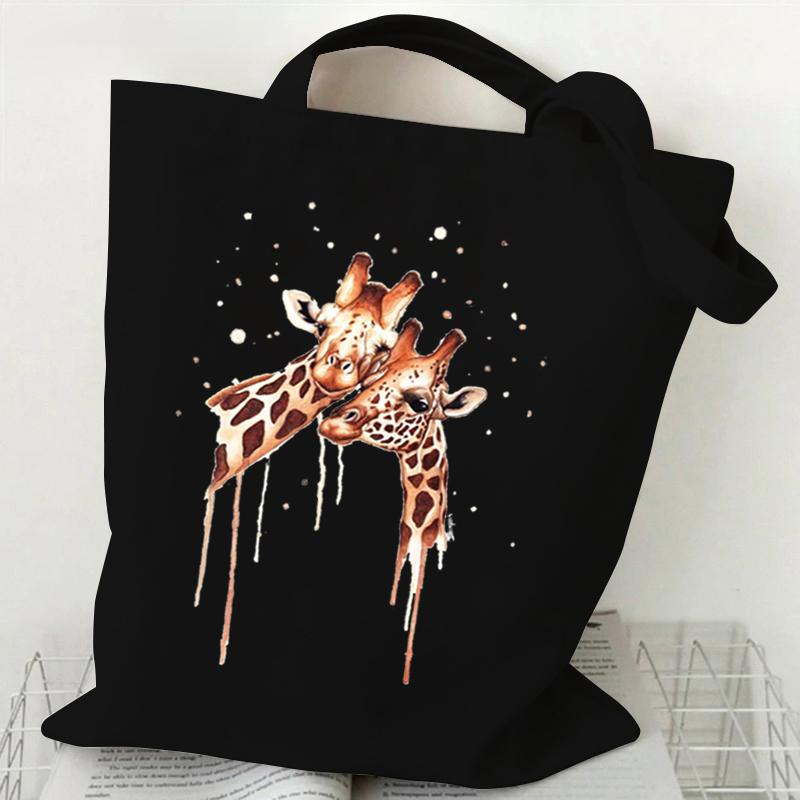 Shopping Bag Giraffe Fashion Cartoon Canvas Portable Tote Bag Women Men Street Aesthetics Style Giraffe Reusable Student Handbag