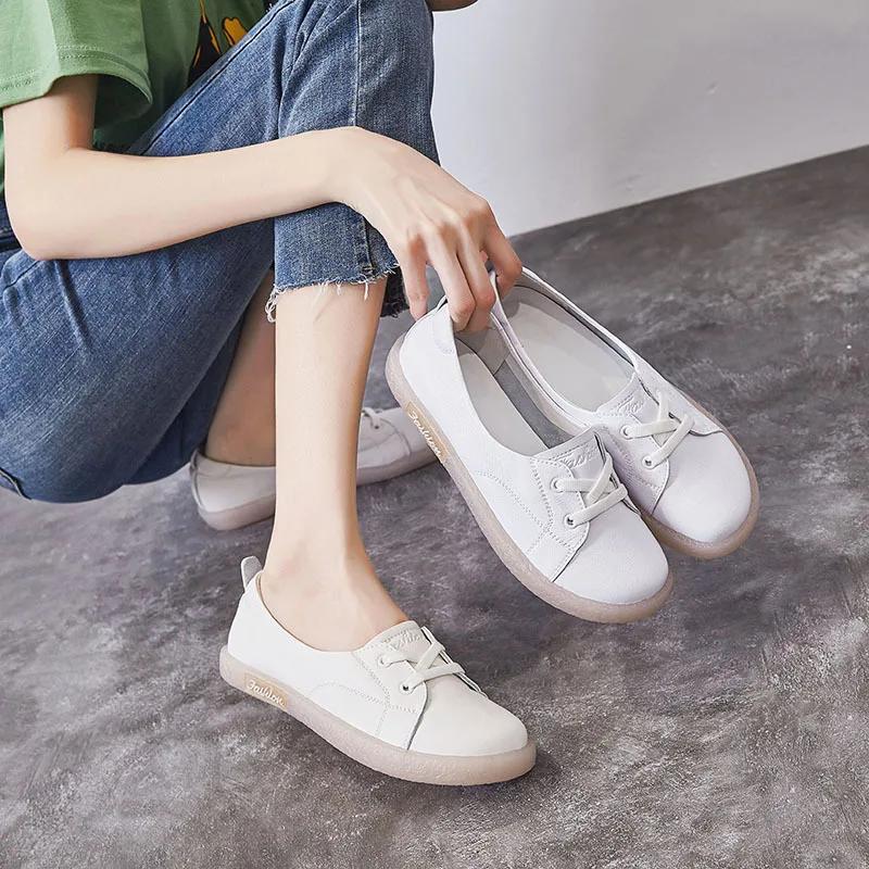 Leather Casual Slip On Shoe Women Sneakers Vulcanized Shoes Autumn Summer Comfortable Flats Female White Sneaker Loafers