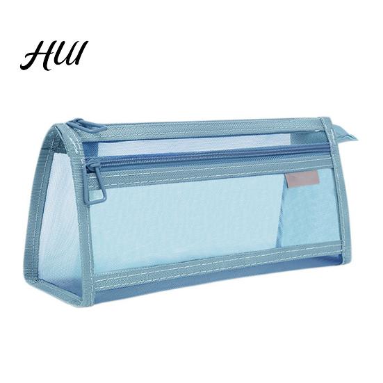 Double-layer Pencil Bag Mesh Case with Zipper Clear Pouch Multifunctional School Supplies Organizer Stationery Storage Travel Makeup for Office синий