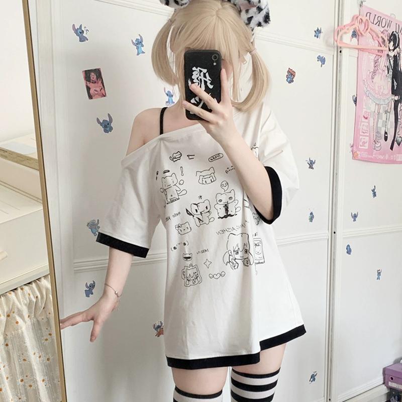 Japanese Y2k Subculture Cute T Shirt Off-shoulder White Short-sleeved Summer T-shirt Woman Cartoon Print Sweet Harajuku Tees