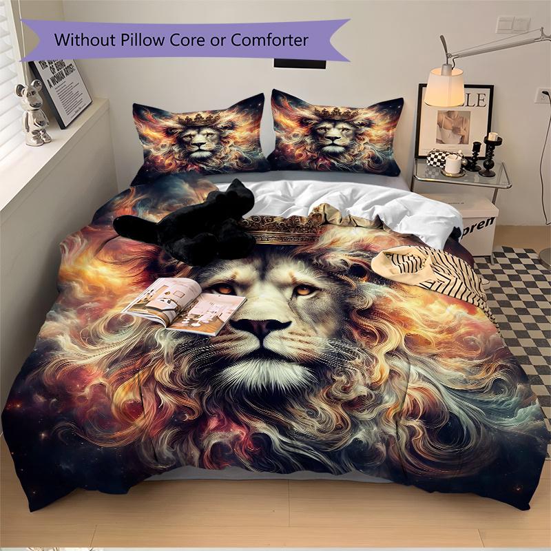 3pcs Lion's Crown Amidst Celestial Flames Bedding Set - Includes 1 Quilt Cover and 2 Pillowcases, Comfortable Bedding with Stylish Design for Bed