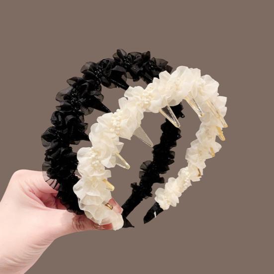 Women Headband Non-Slip Wide Headband with Inverted Tooth Comb Pearl Embellishments Layered Mesh