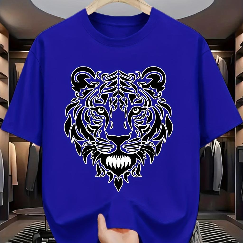 Tribal Tiger Head Graphic Tee Men Summer Casual Short Sleeve Print Crew Neck Cotton TShirt