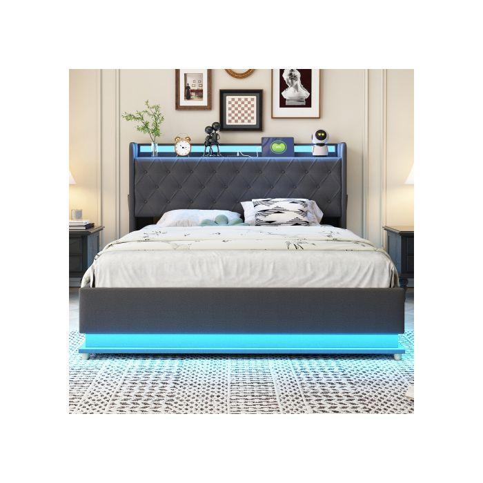 Pat LED - MUVOE - 140x200 cm - Țesătură de in gri - Încărcare USB - Depozitare hidraulică