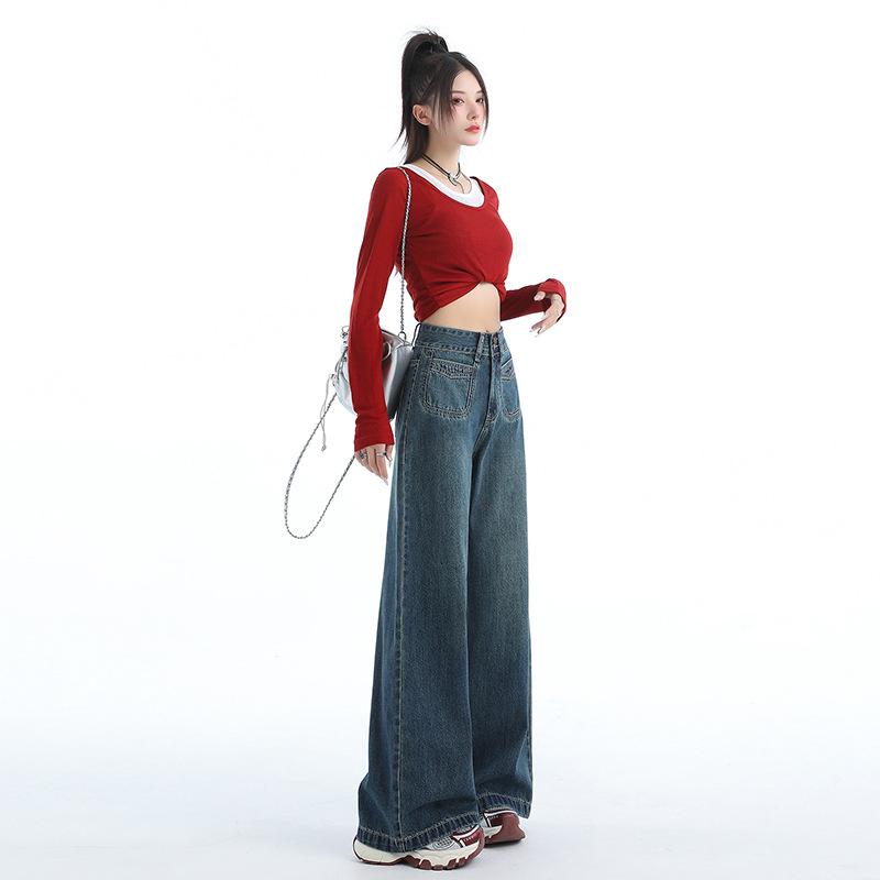 Dark blue high-waisted wide-leg jeans women's autumn new casual retro loose loose straight pants trendy