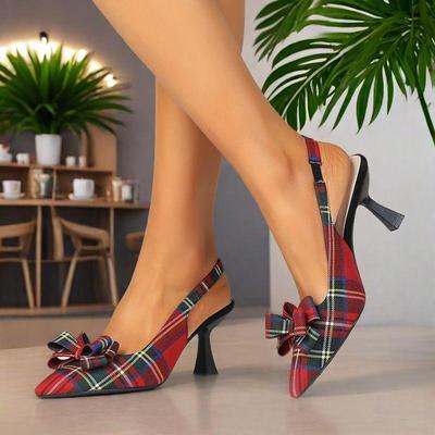 Women's Plaid Slingback Kitten Heels Closed Pointed Toe Bow Tie Slip On Work Pumps Ankle Strap Stiletto Formal Party Wedding Dress Shoes for Women