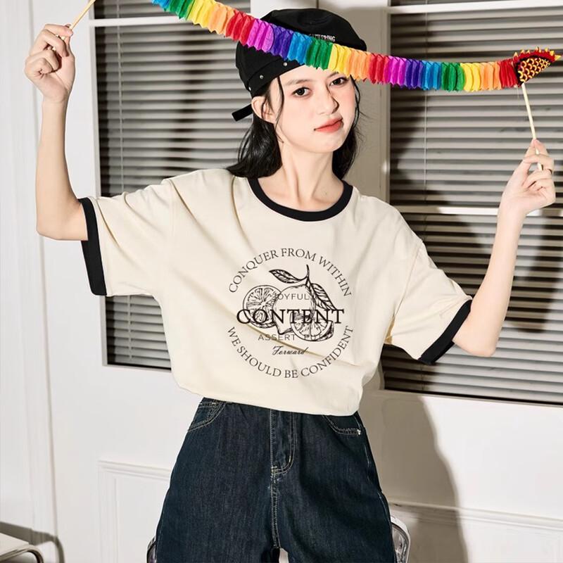 TonLion Women s Round Neck Contrast Edge Graphic T-Shirt L