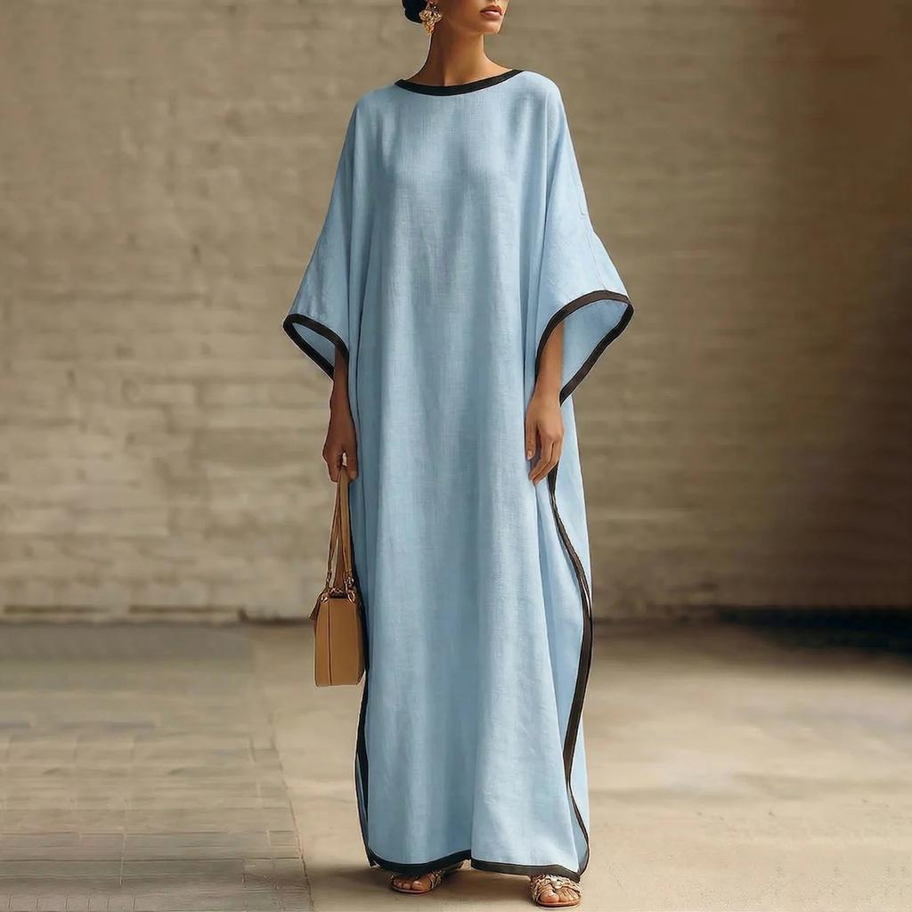 Vestido Largo Holgado Manga Murciélago Casual de Largo Completo Vestido Maxi Cómodo Oversize con Ribete en Contraste para Mujer