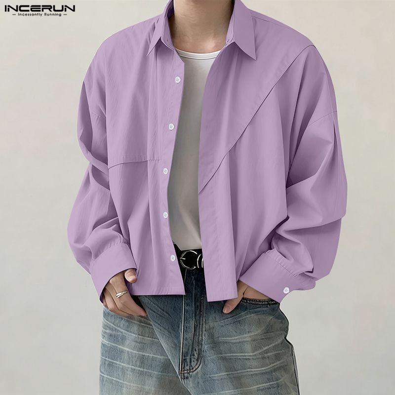 INCERUN Oversized Men Lapel Neck Long Sleeve Casual Loose Short Shirts Tops