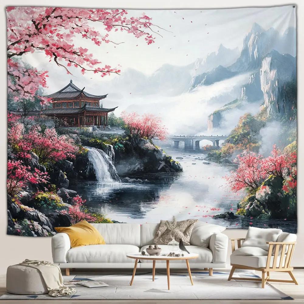 Japanese Scenery Tapestry Pink Cherry Blossom Flowers Misty Landscape Chinese Architecture Living Room Bedroom Decor Wall Hangin