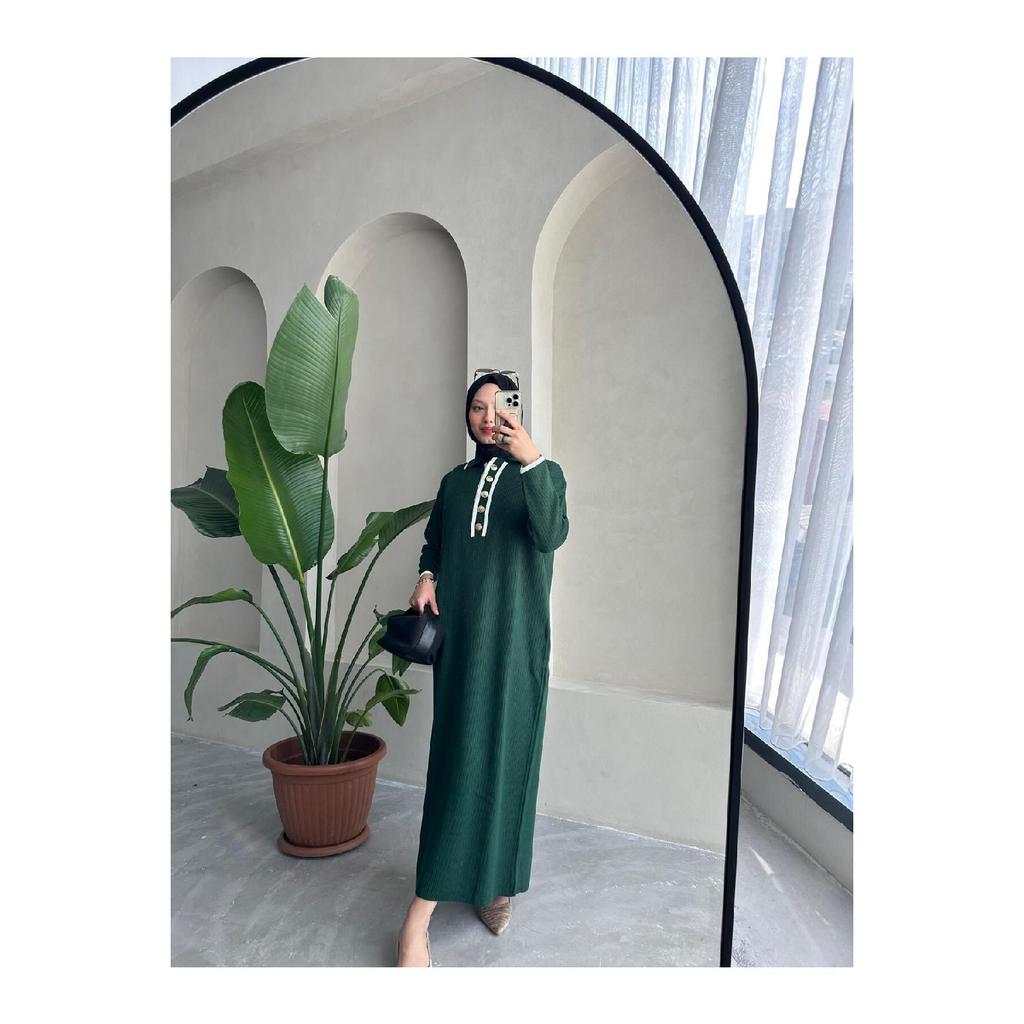 Übergroßes, geknöpftes V-Ausschnitt-Hijab-Kleid aus gerippter Strickware, geripptes langes Winterkleid in voller Länge