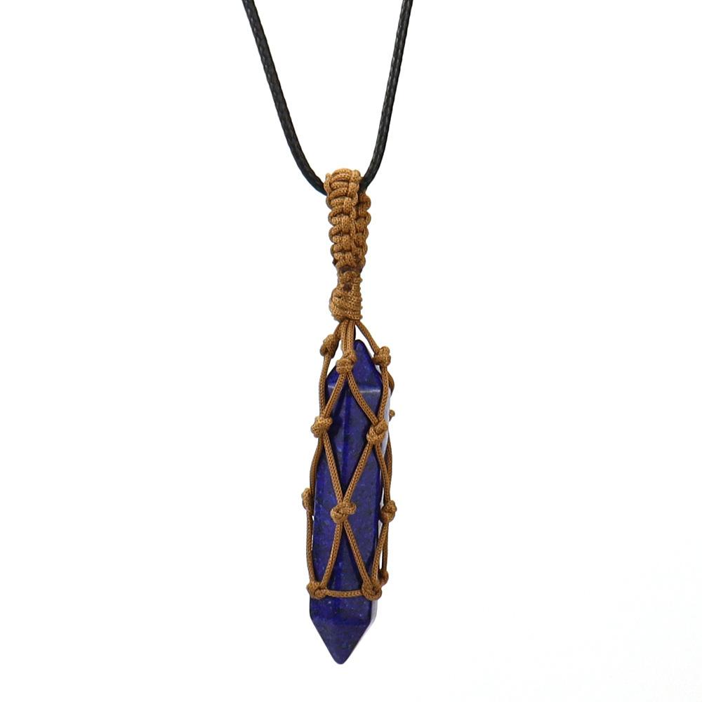 Hand-Woven Double-Pointed Hexagonal Prism Crystal Rough Stone Natural Stone Brown Mesh Pocket Necklace N712