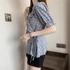 New Summer Plaid V-neck Short-sleeved Shirt Design Sense Women's Waist-hugging Shirt Top