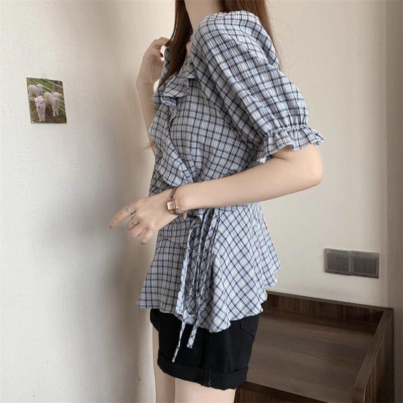 New Summer Plaid V-neck Short-sleeved Shirt Design Sense Women's Waist-hugging Shirt Top