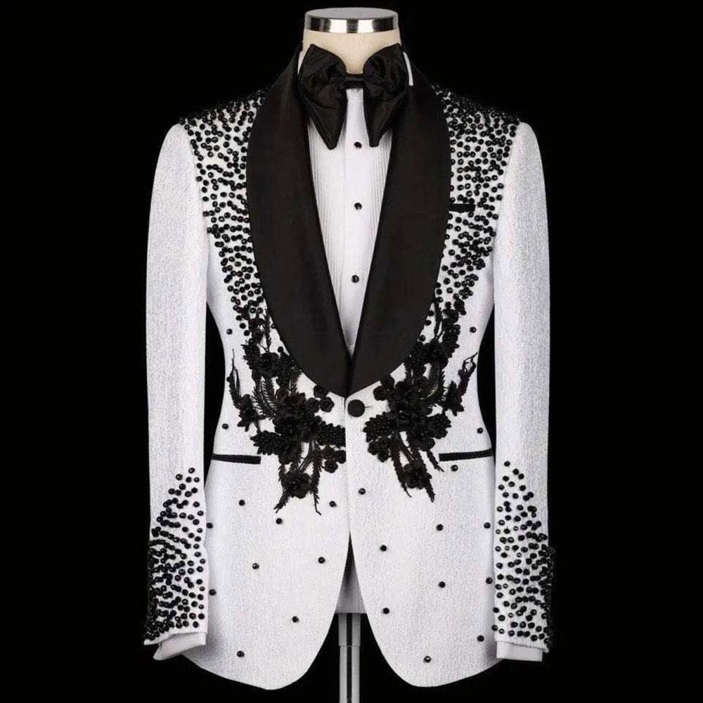 Luxury Black Men Suits 2 Piece Blazer+Pant Crystals Flower Applique Wedding Tuxedo Coat Customized Formal Office Jacket Trouser