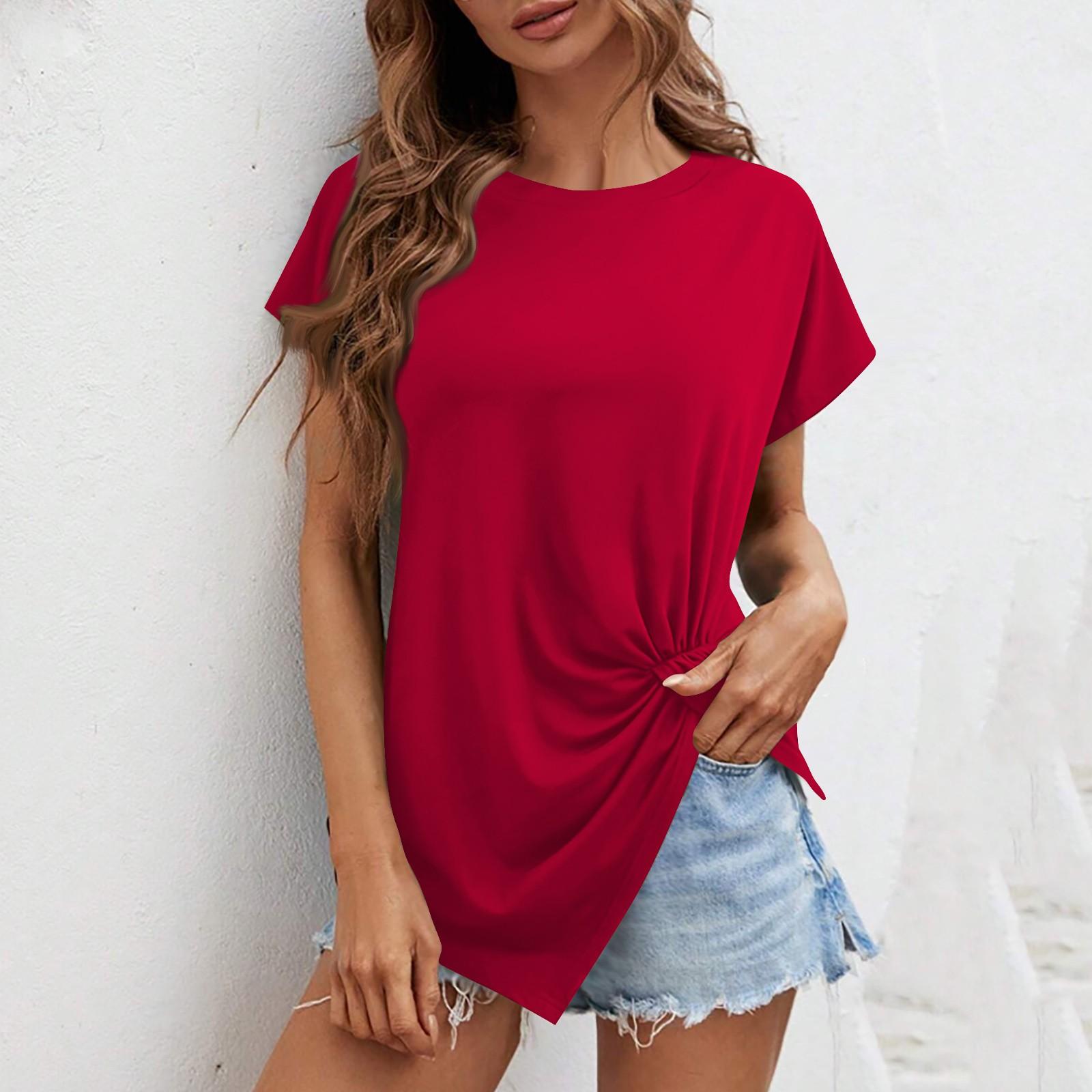 

Новая женская однотонная футболка с круглым вырезом и нерегулярным подолом с короткими рукавами L винный
