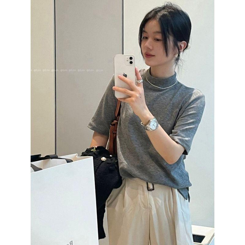 Kumikumi Basic Model French style Half-high Collar Half Sleeve T-shirt Women clothes Autumn Slimming Versatile Solid Inner wear Top