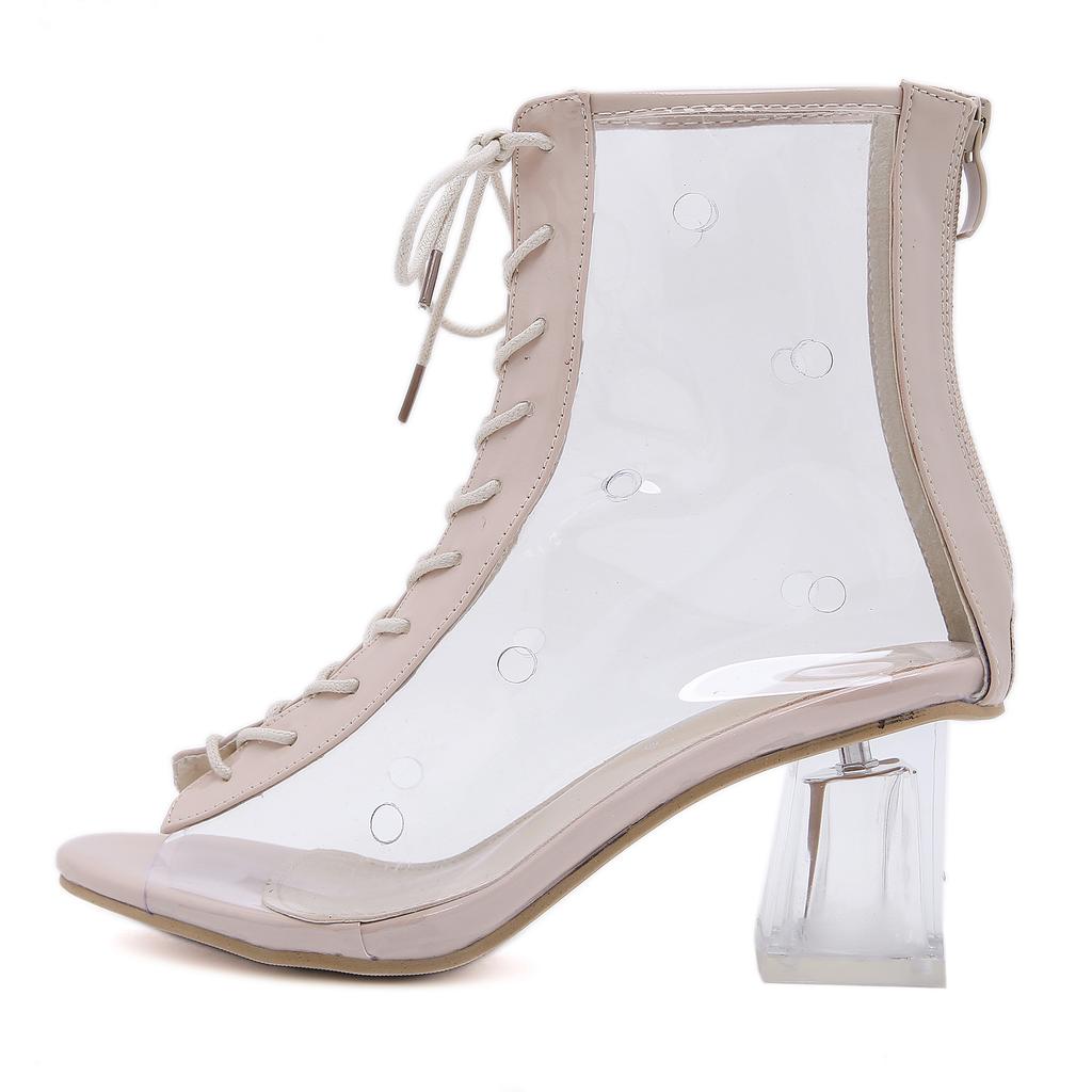 Podzimní nové Dámské Sandály Módní Fish Mouth Transparent Film Krajka -Up Zip uprostřed -Podpatek Sandály Boty na hranatém podpatku