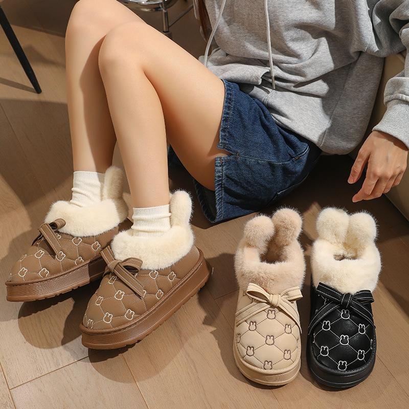 Cute rabbit ear cotton slippers autumn and winter new plush thickened waterproof Internet celebrity plush bag and cotton shoes can be worn outside