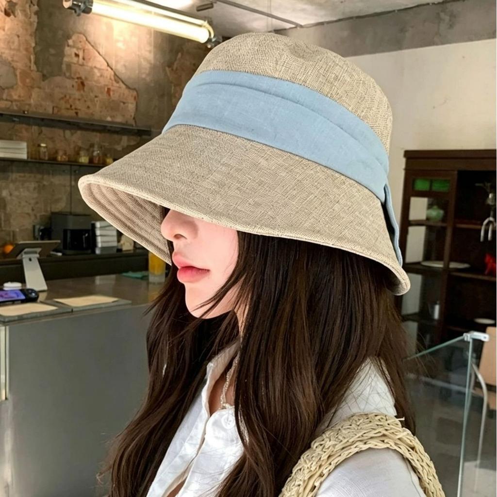 New Lightweight Linen-Look Bucket Hat Women Summer Wide Brim Sunscreen Breathable Back Slit Reversible Brim Versatile