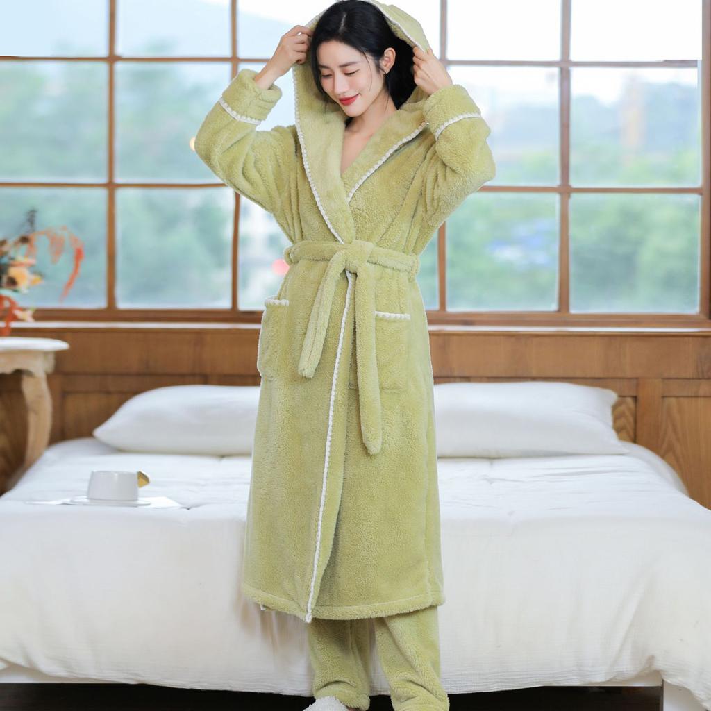 Plush Coral Fleece Sleepwear Two Piece Set Winter Thick Long Robe Pajamas Hooded Bathrobe Nightgown Loose White Flannel Homewear