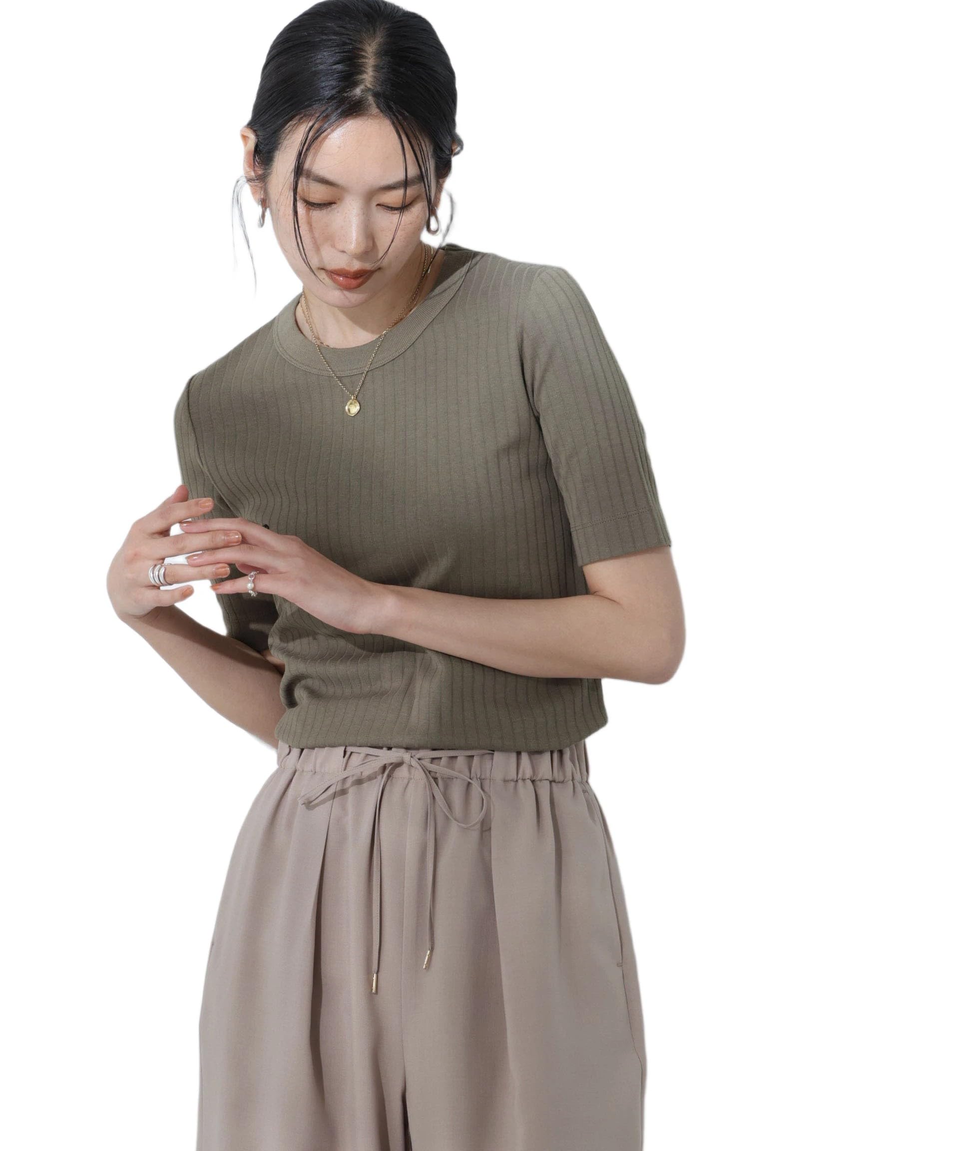 

Nano Universe Свитшот с круглым вырезом в рубчик Размер L Защита от промокания (р) Футболка с защитой от пятен, женская, (180), Хаки, 669-5124304