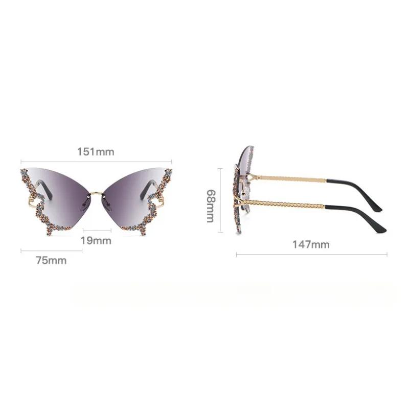 Luxury Diamond Butterfly Sunglasses Women Brand Y2K Vintage Rimless Oversized Sun Glasses Ladies Eyewear