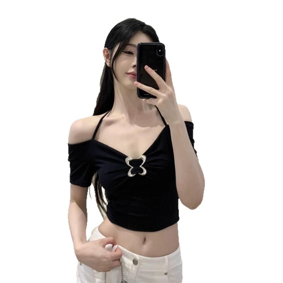 New Pure Desire Wind Off-the-shoulder Short-sleeved T-shirt Women's Summer Sweet Babes Sexy V-neck Slim-fit Top