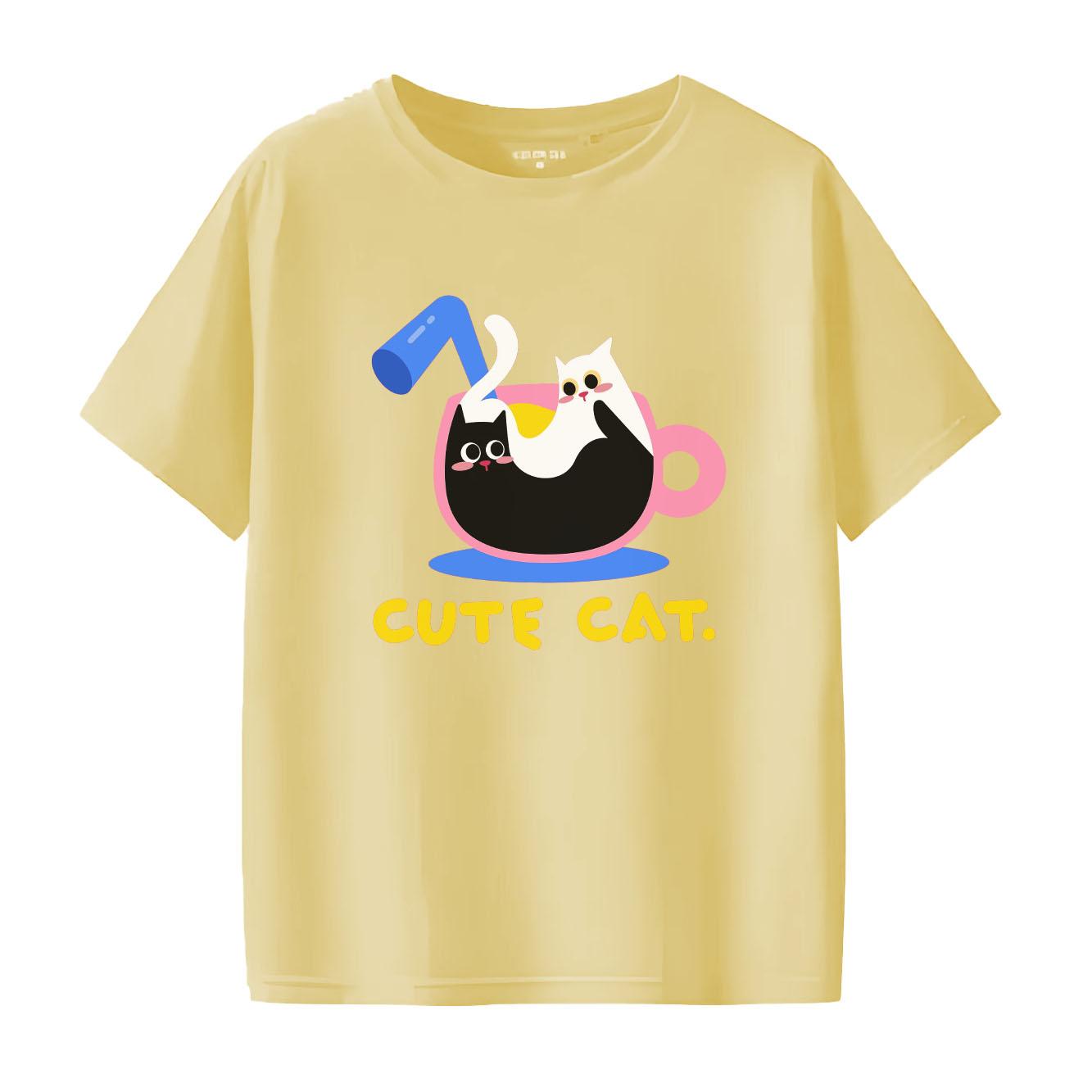 

Cute black and white cat cartoon printed Tshirt short sleeved round neck casual Womens Tshirt suitable for all seasons S