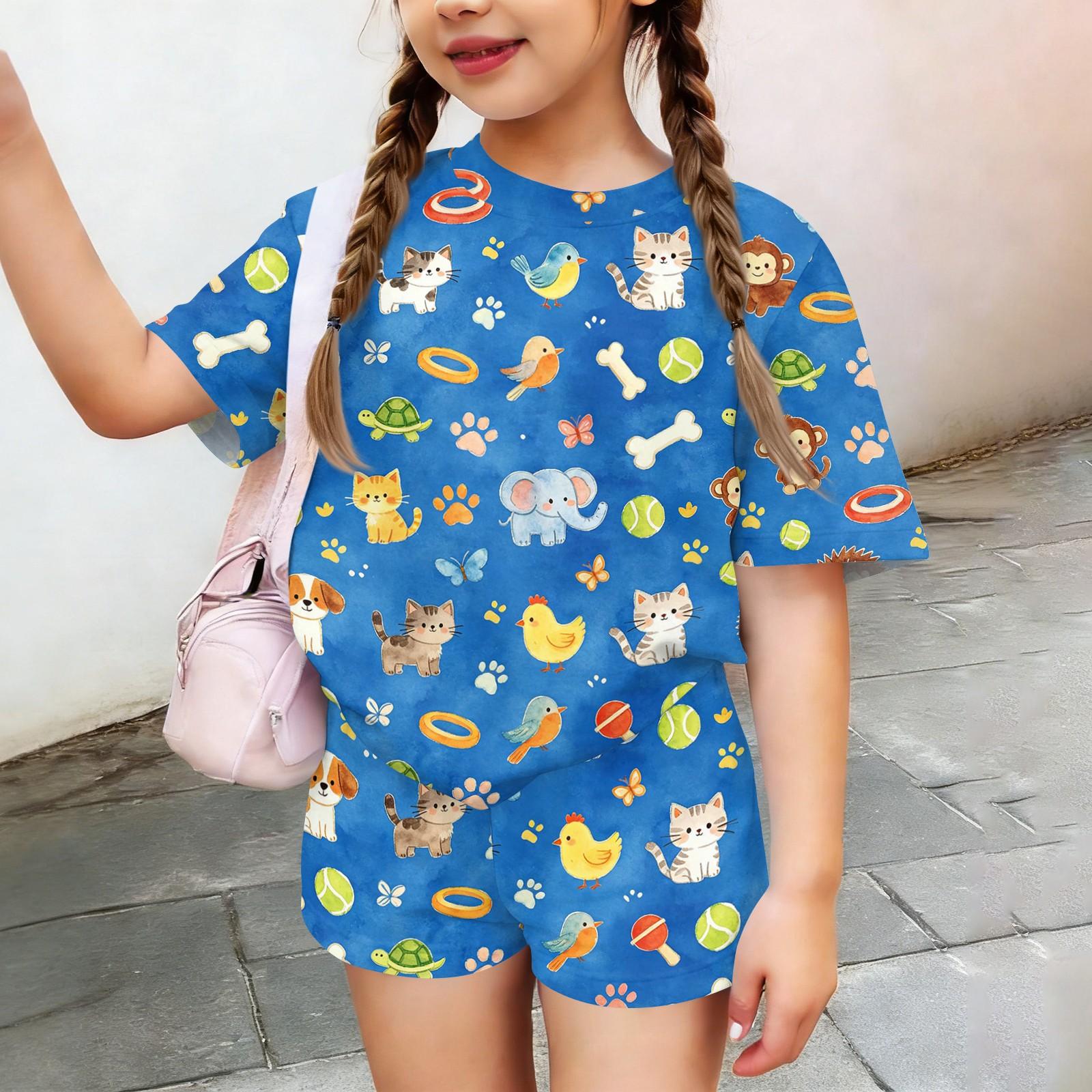 

Kids Casual Short Sleeve Top and Shorts Set Animal Print Comfortable Lightweight Summer Outfit for Boys and Girls Soft Fabric 120 синий