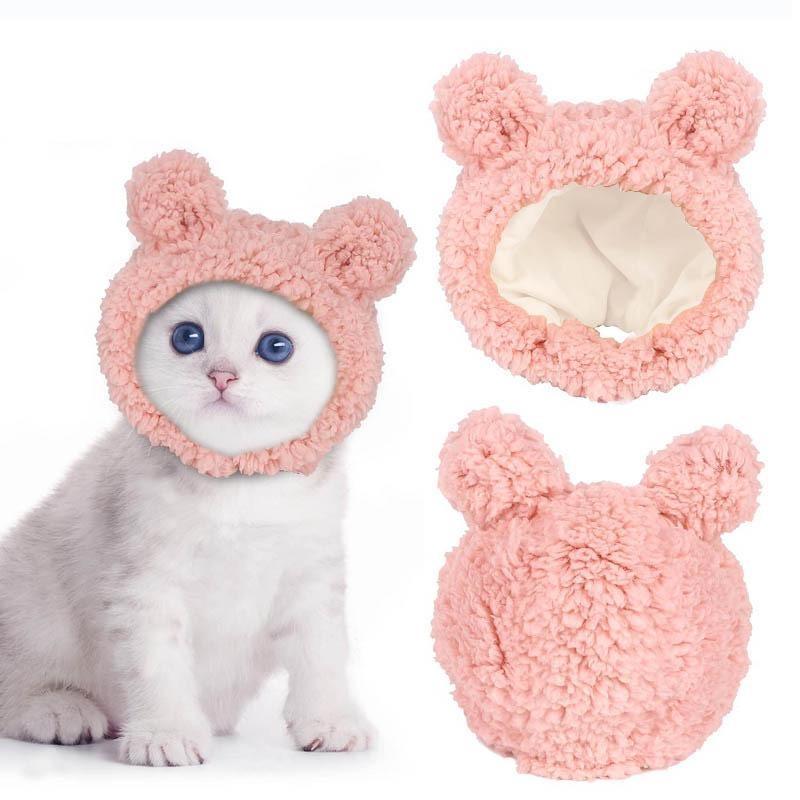 XS-L Size Soft Fluffy Pet Dog Hat Solid Pink Warm Hats for Cats Autumn Winter Bear Pet Head Accessories Cosplay Kitten Supplies