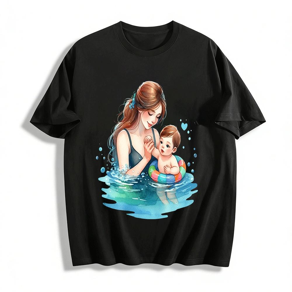 Parent Child Swimming Time Print Casual T-Shirt For Adults Kids Pure cotton T-shirt XXS